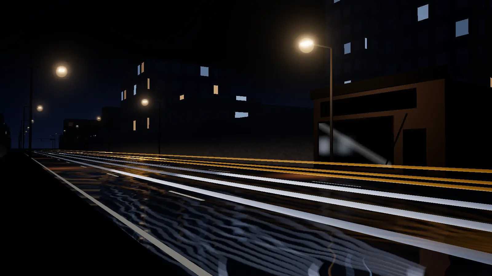 Illustration: a dark storefront on a night street while traffic streams past