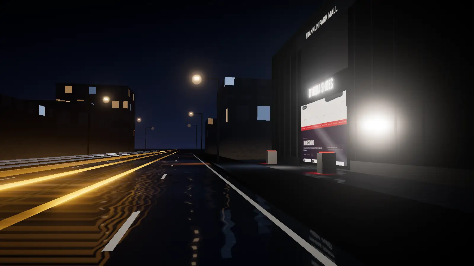 Illustration: the D'Moda Shoes mall entrance with red display light, its real website in the storefront